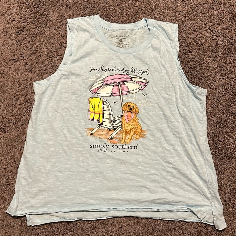 Simply Southern muscle tank XXL light blue with golden retriever.